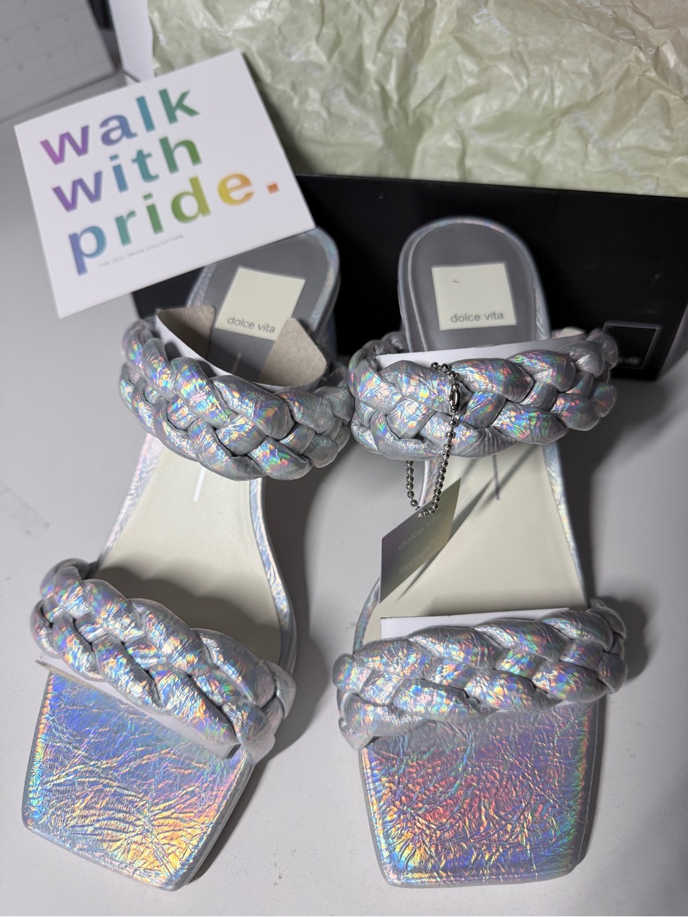 NWT Dolce Vita Silver Iridescent Braided Slide Heels - Women's SIZE 8.5